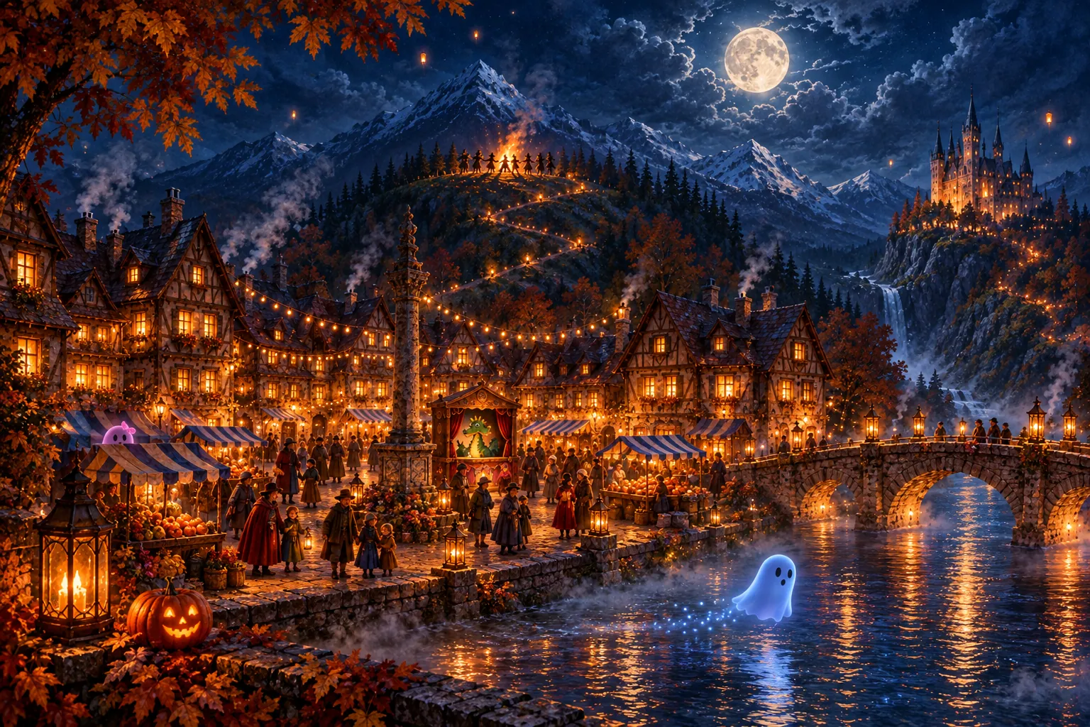 A painting of Underhill's fair at night: striped stalls under strings of lights, townsfolk in the square, a puppet booth, a bridge over the river and the castle on its cliff in the distance, with Loru gliding along the water.
