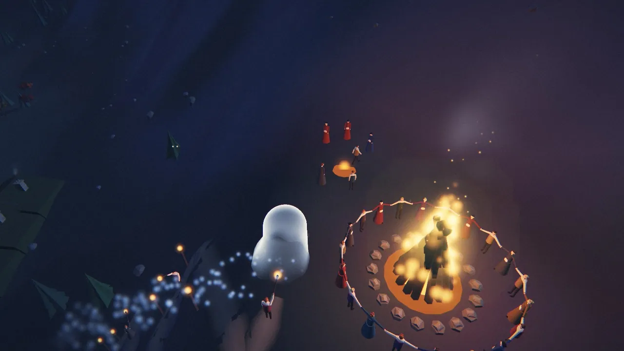 From the game: villagers holding hands in a ring round a beacon fire on a dark hillside, Loru flying past.