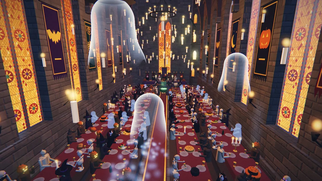 From the game: the great hall's long tables laid for a feast, banners on the walls and candles floating overhead, with ghosts among the guests.