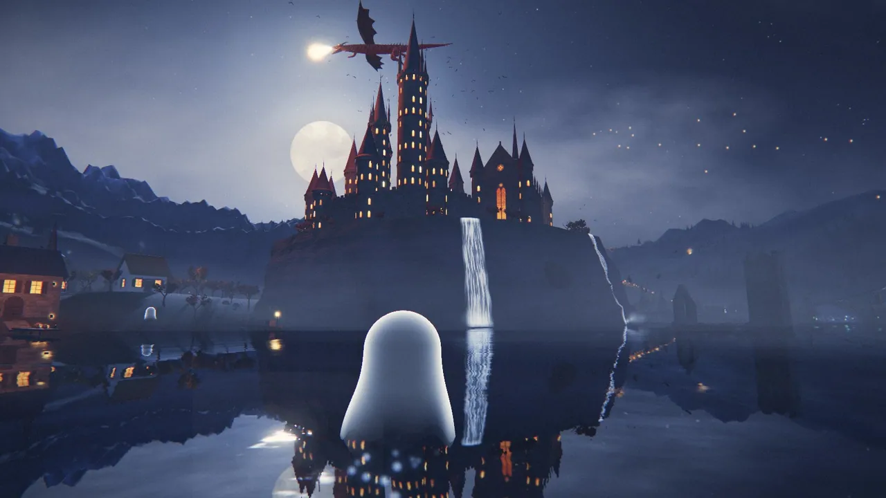 From the game: Loru over the lake at night, the castle on its cliff ahead, the moon behind its spires and a little dragon in the sky.