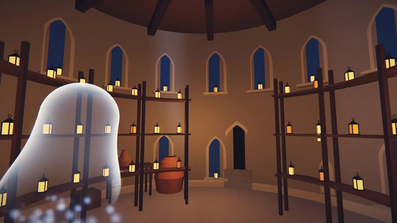 From the game: a round tower room lined with racks of lit lanterns, Loru drifting through it.
