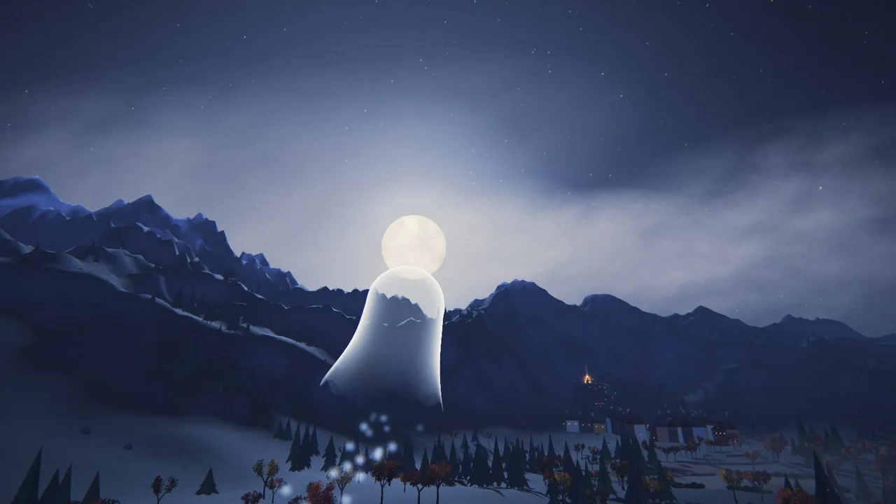 From the game: Loru under a bright full moon over snowy mountains.