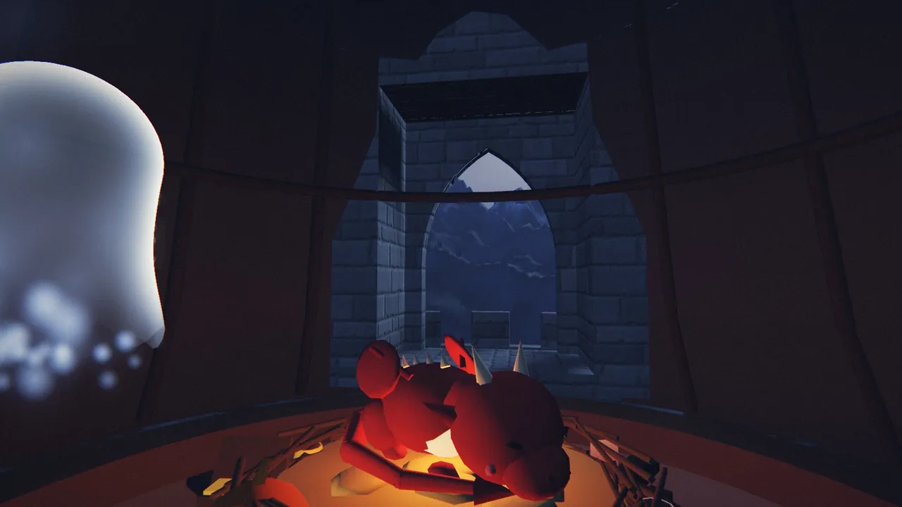 From the game: a small red wyrm curled asleep in a glowing nest under the spire, the wyrm's door open to the night.