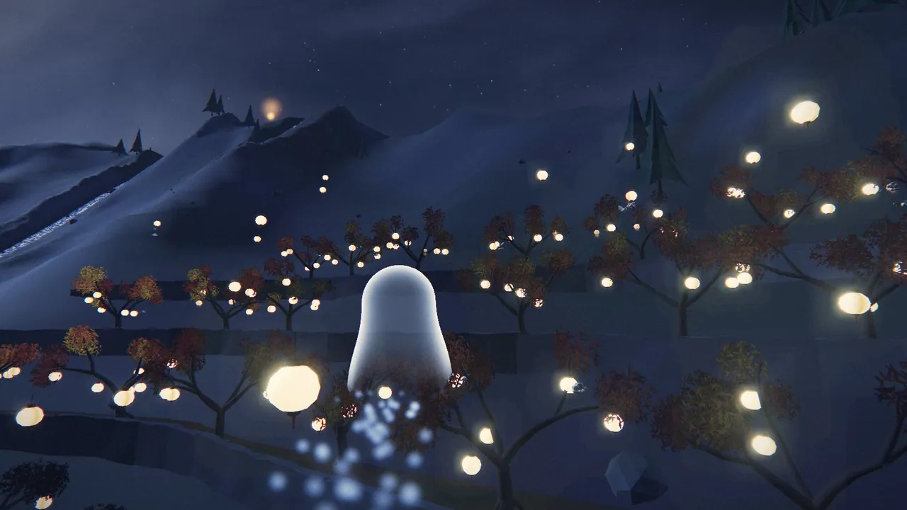 From the game: Loru among small trees hung with glowing lanterns on a terraced hillside.