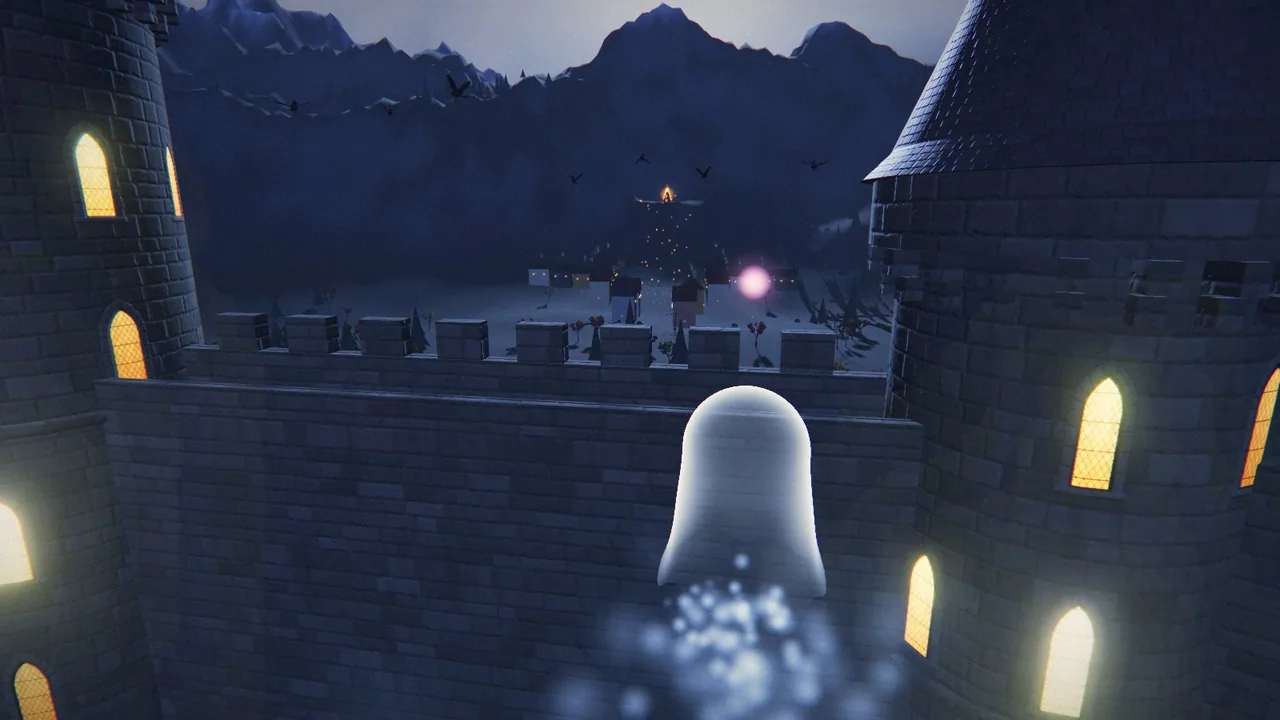 From the game: Loru on the castle's battlements, and a small pink glow beyond the wall: Meeri, peeking.