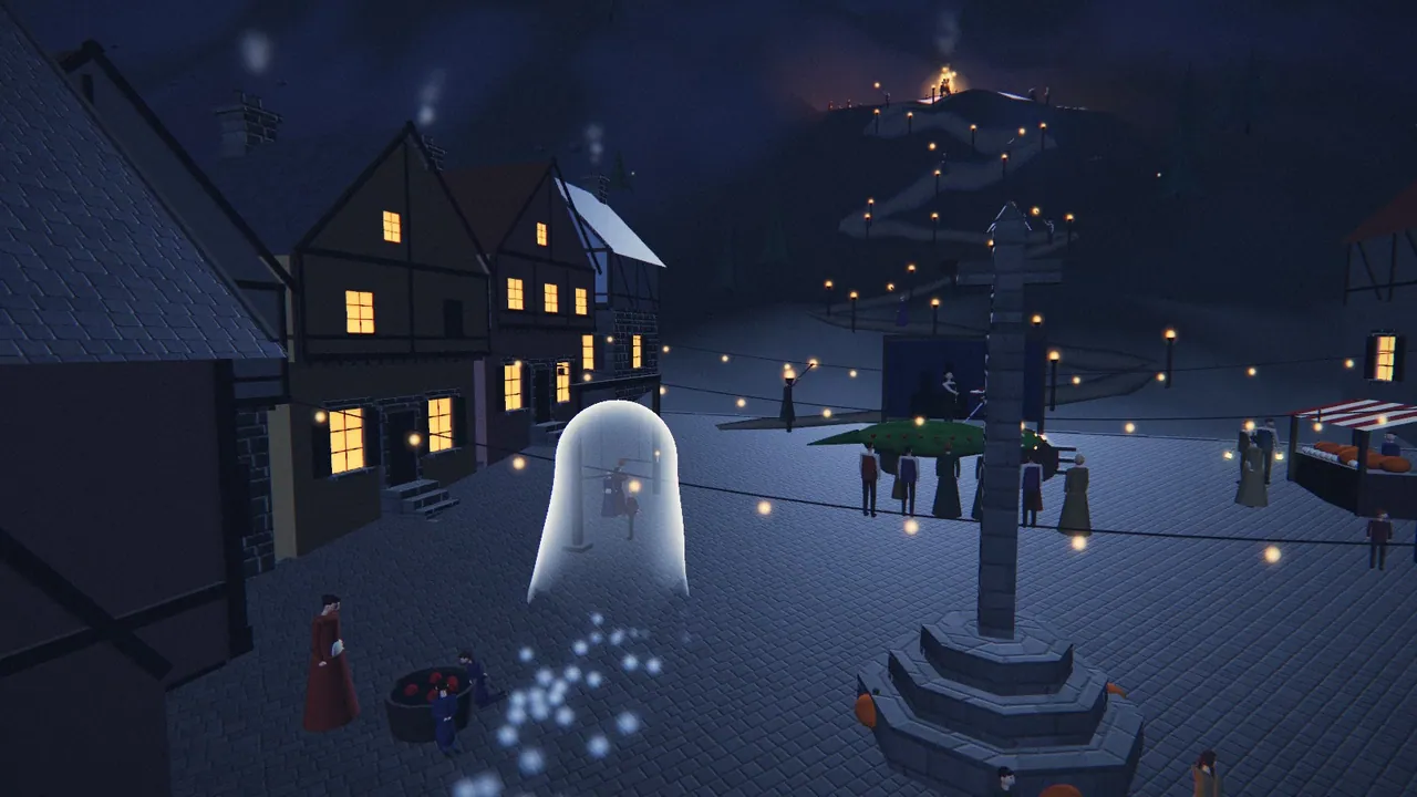 From the game: Loru over Underhill's square at night, its lit houses, a market cross, stalls and a crowd at a puppet show.