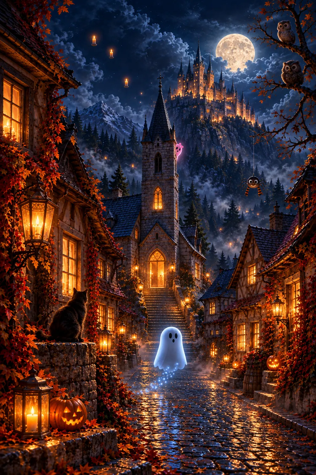 A painting of a lantern-lit cobbled lane in Moonwick's village, climbing to a church, with the castle on the hill above and Loru gliding up the lane.