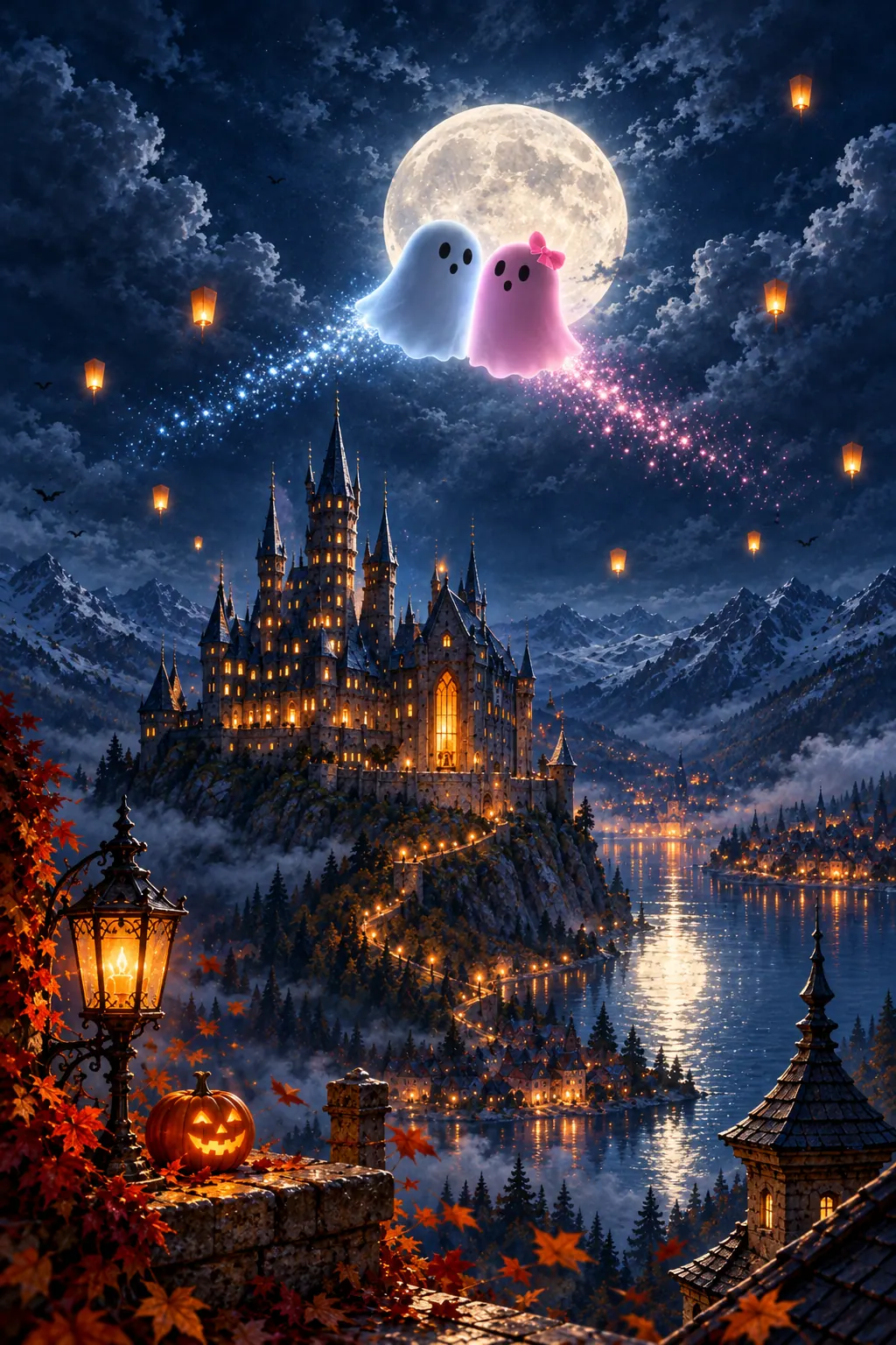 A painting of Loru and Meeri flying side by side toward a full moon above Moonwick's castle, trailing blue and pink sparkles.