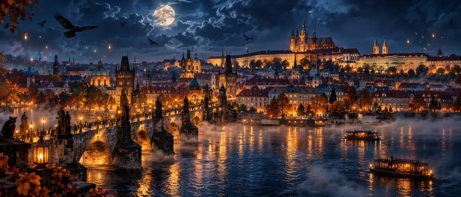 A painting of Prague at night: Charles Bridge and its statues, the castle lit gold across the river, boats in the mist and a full moon.