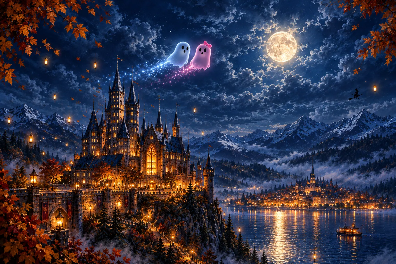 A painting of Loru and Meeri flying together over the castle's spires under the full moon, with the lake, a lit town and snowy mountains below.